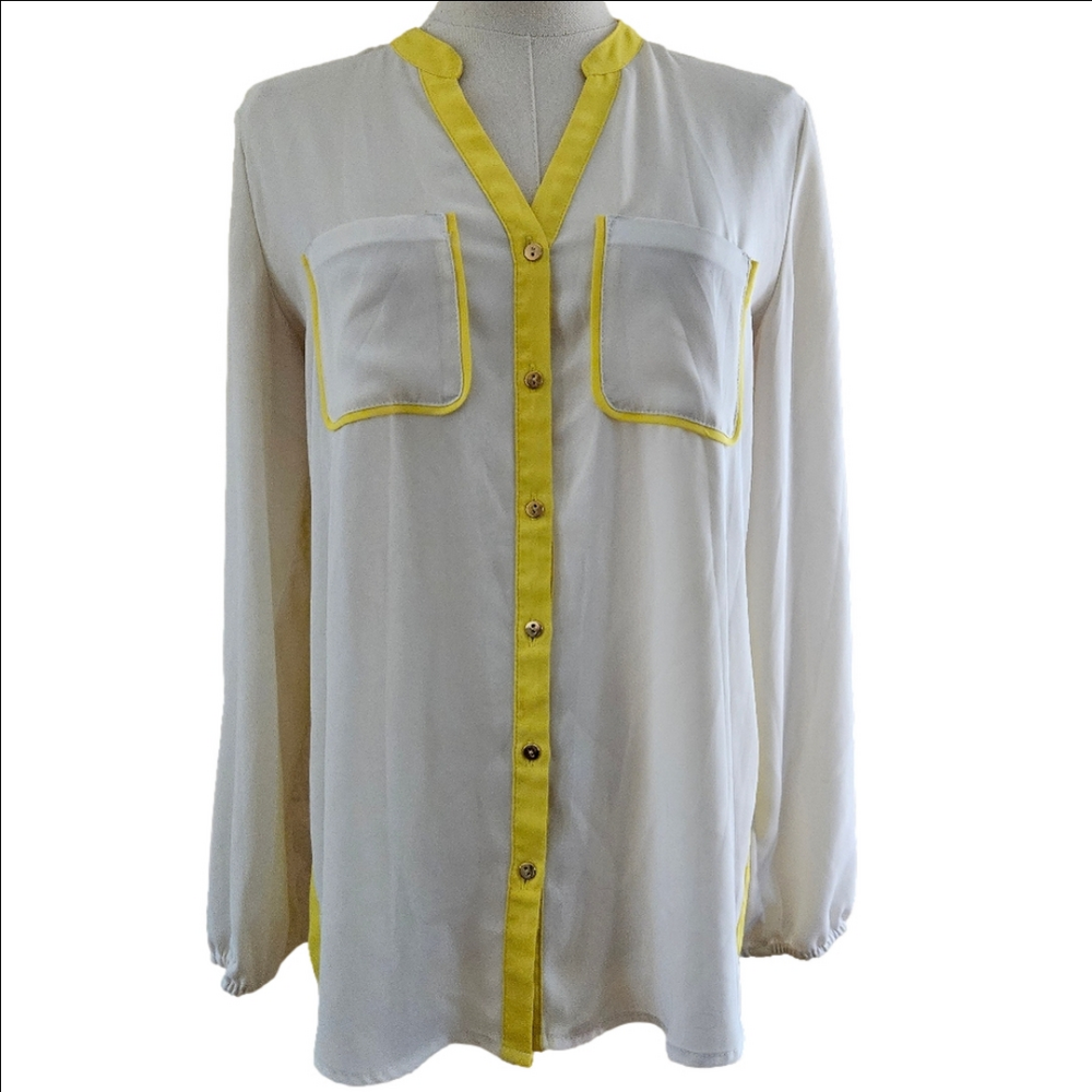 Alfani Off-White Yellow Contrast Long Sleeve Button Down Blouse-Size 4